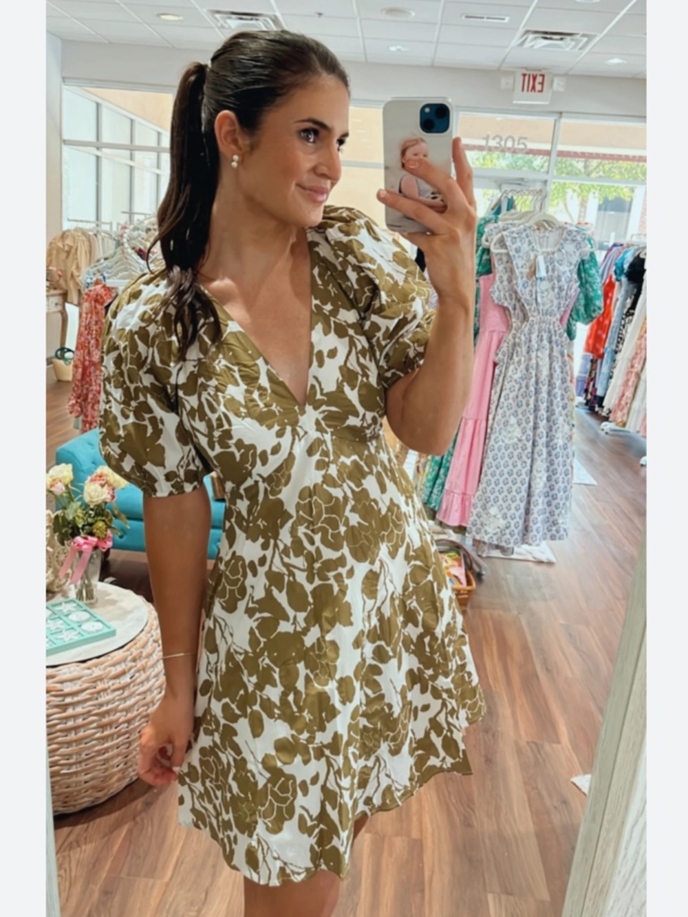 Lucy Paris Azalea Olive and White Floral Mini Dress